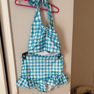 Blue and White Gingham Swimsuit Set